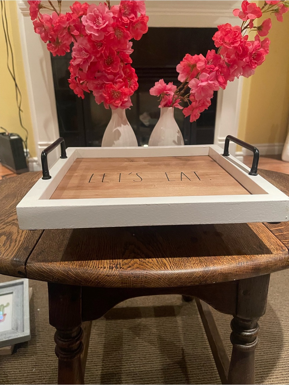 Rae Dunn White Wood Serving Tray with Black Handles - LET'S EAT